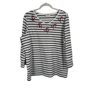 Quacker Factory White Striped Anchor Sequin 3/4 Sleeve Shirt Nautical Womens 1x